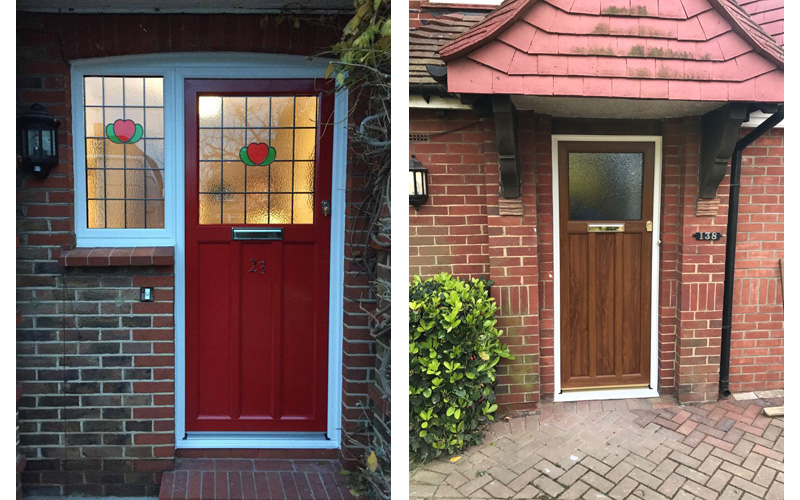 Red Timber Alternative Door (replica Timber) and wood effect replica timber door installed by Worthing Windows